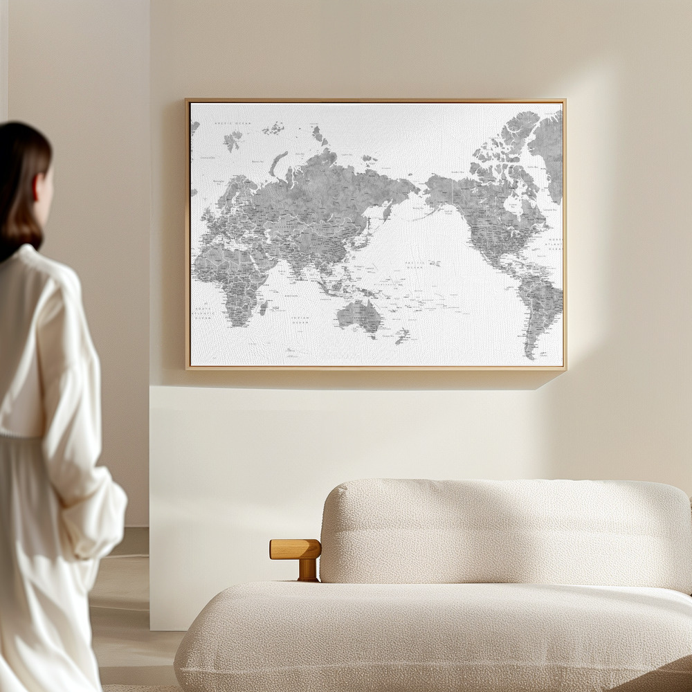 Toile - Pacific centered world map in gray watercolor dans le hall