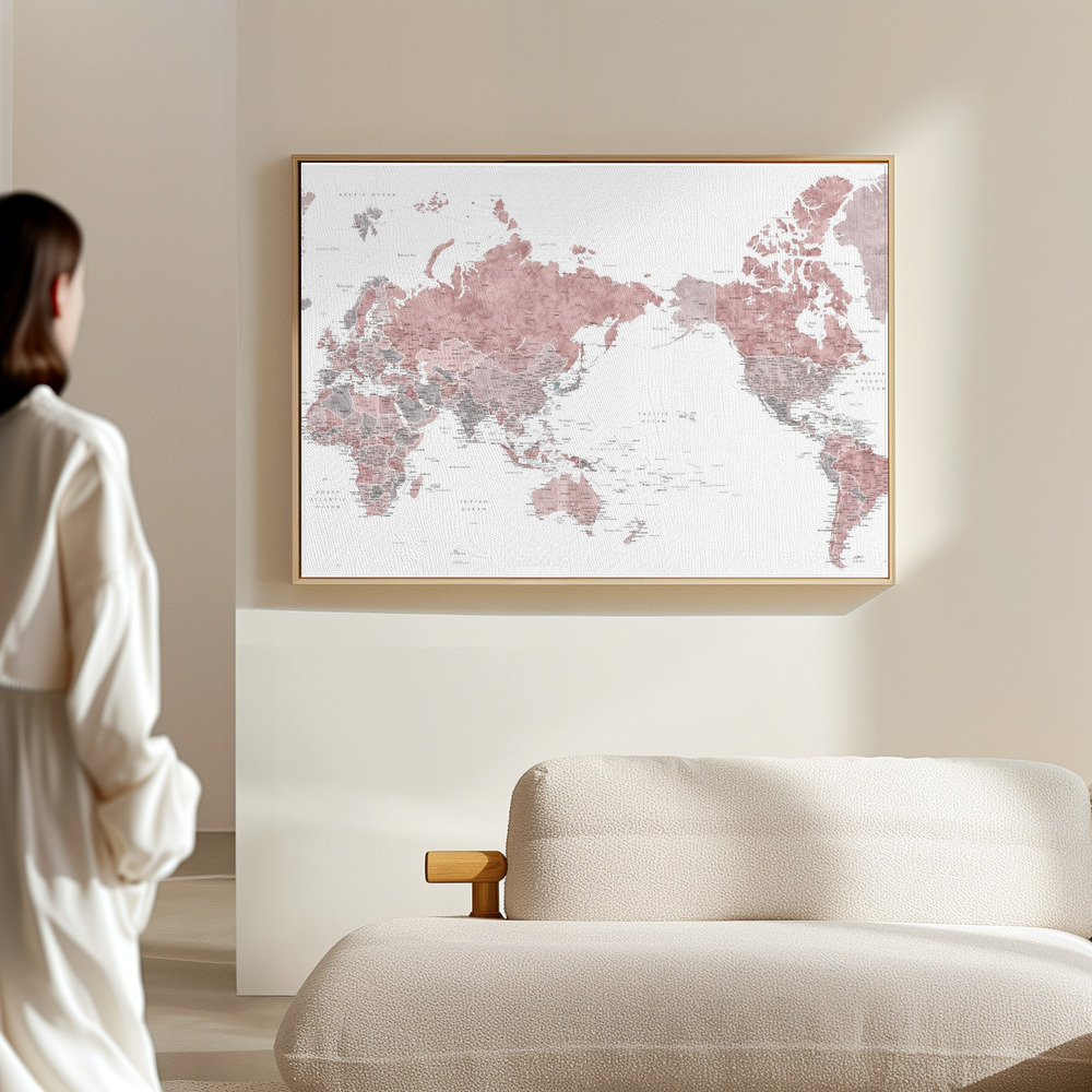 Canvas schilderi - Pacific centered world map in dusty pink in de hal