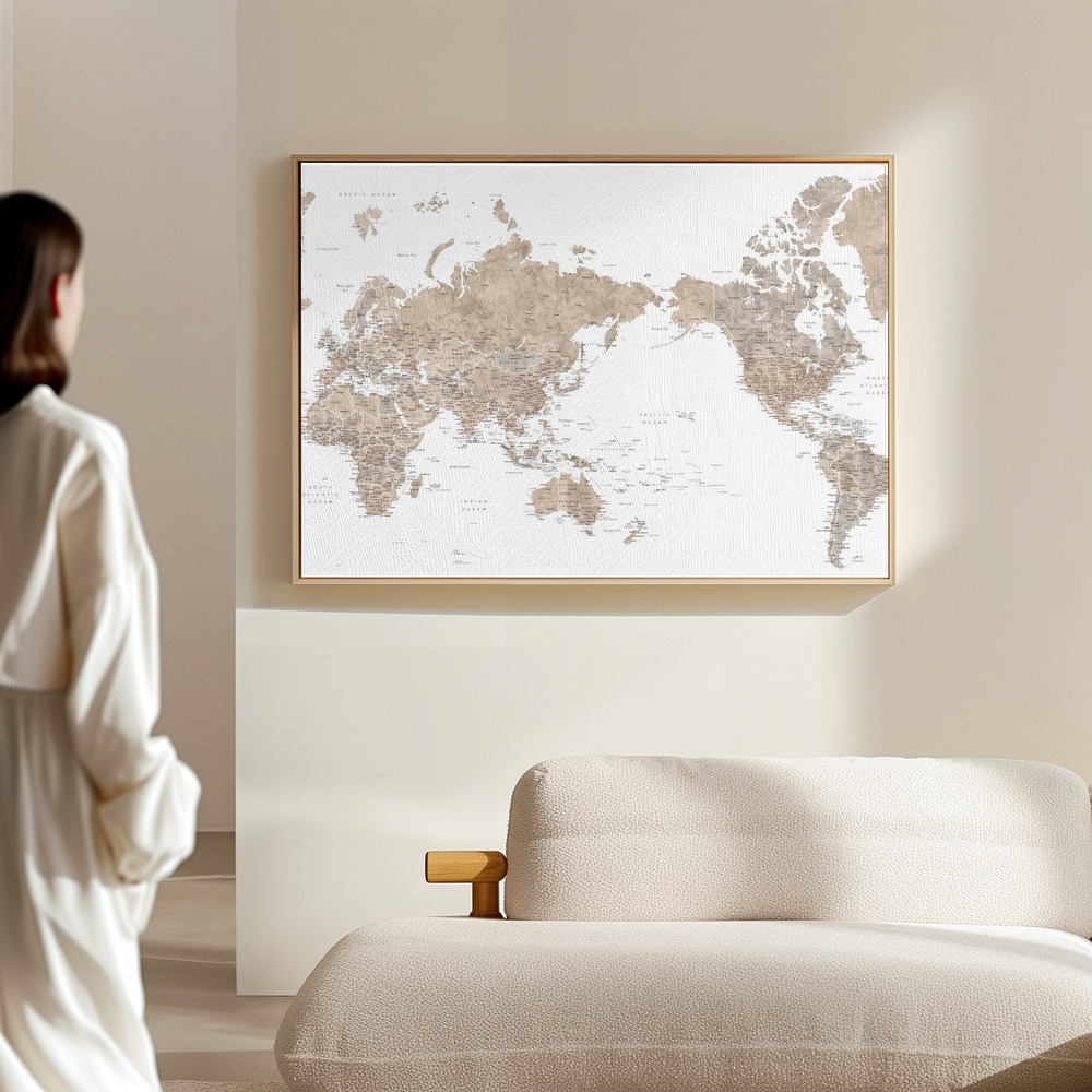 Canvas print - Pacific centered world map in taupe in the hall