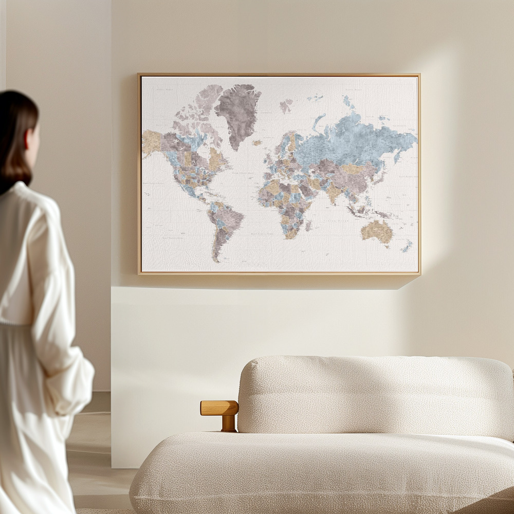 Canvas taulu - Mahler highly detailed world map with cities salissa