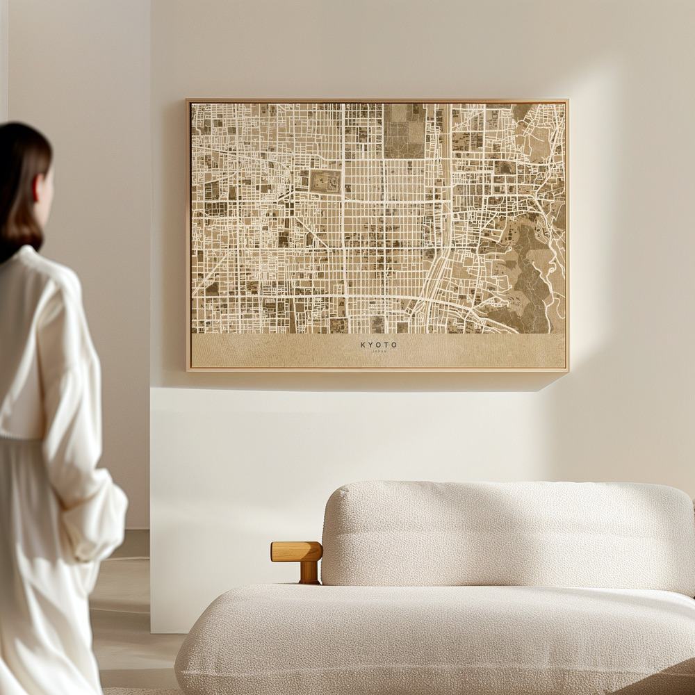 Canvas print - Sepia map of Kyoto in the hall