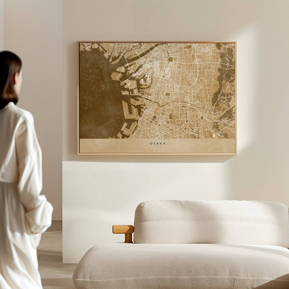 Canvas print - Sepia map of Osaka in the hall