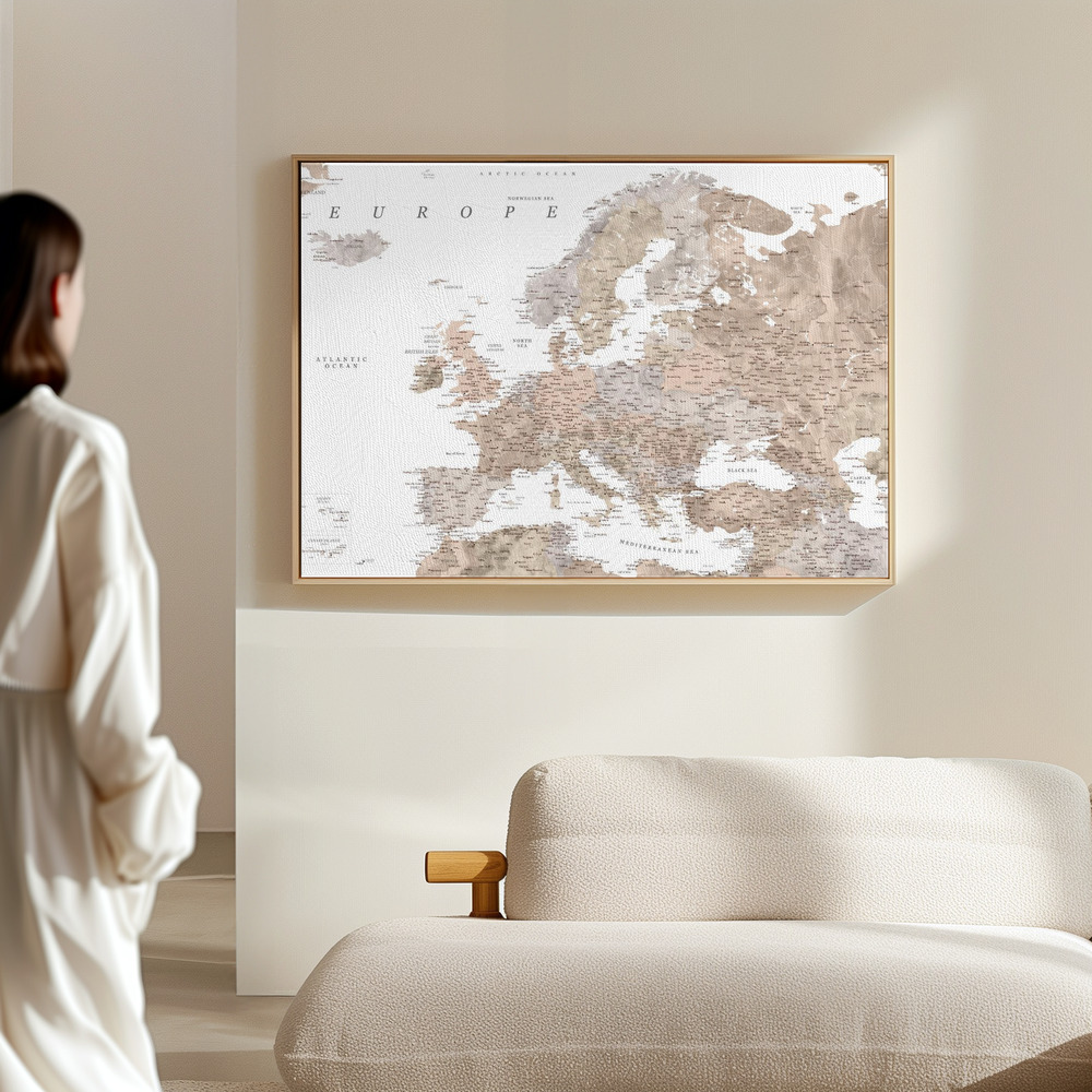 Canvas print - Taupe detailed map of Europe in the hall