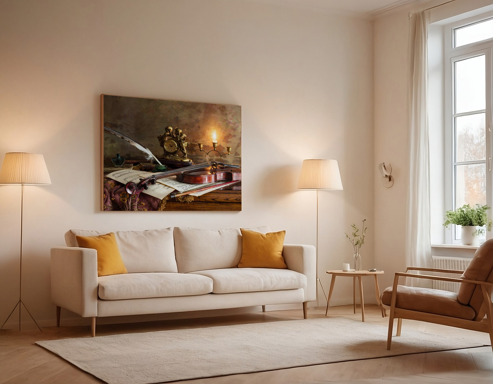 Canvas print - Still life with violin and clock over the sofa