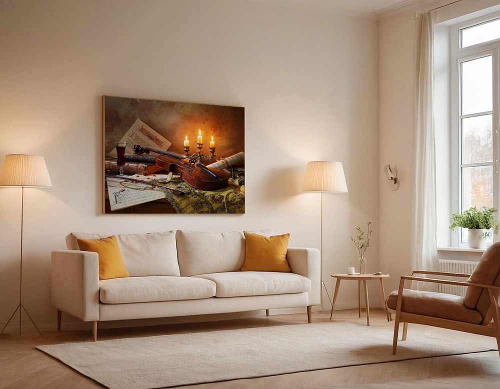 Canvas print - Still life with violin and candles over the sofa