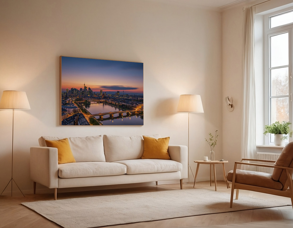 Canvas print - Frankfurt Skyline at sunset over the sofa