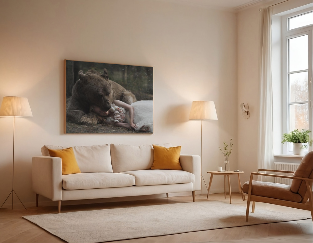 Canvas print - Bear and girl over the sofa