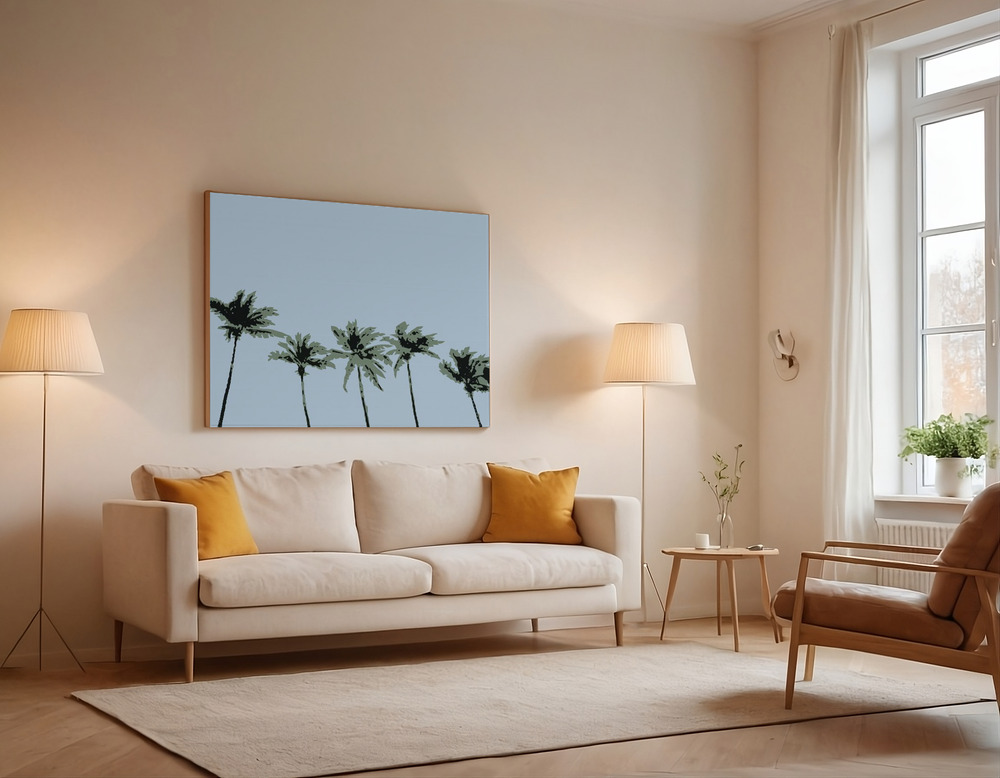 Canvas print - Palms Blue over the sofa