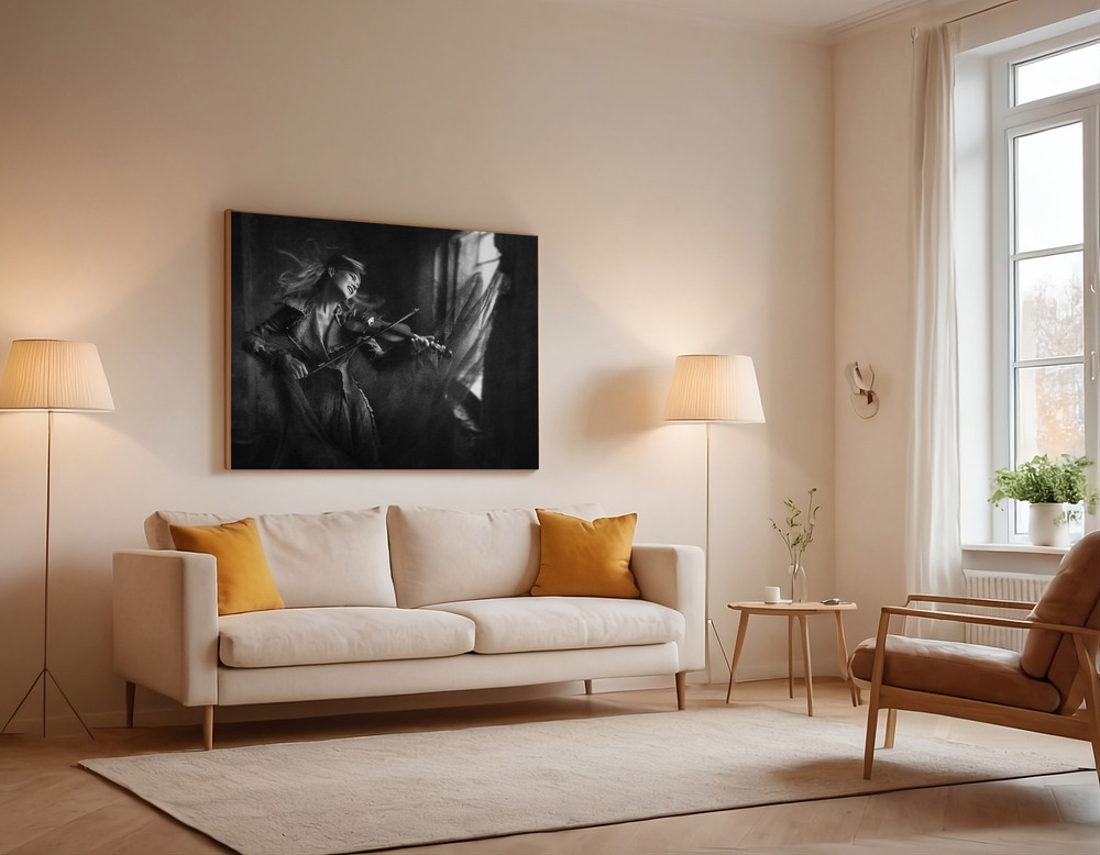 Lærred - The Rhythm of Sorrow over the sofa