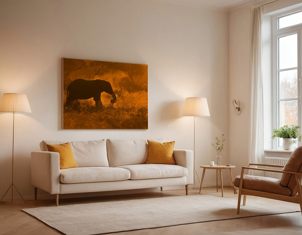 Canvas print - Golden Elephant in Savute over the sofa