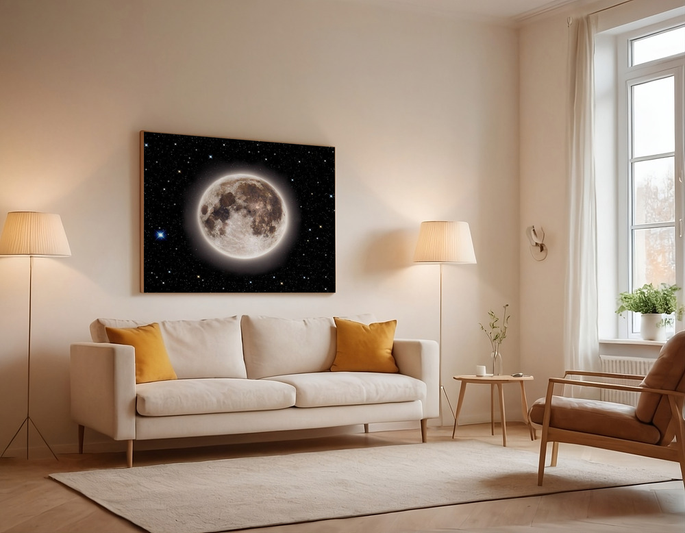 Canvas print - Glowing Emerald Moon With Starry Sky over the sofa