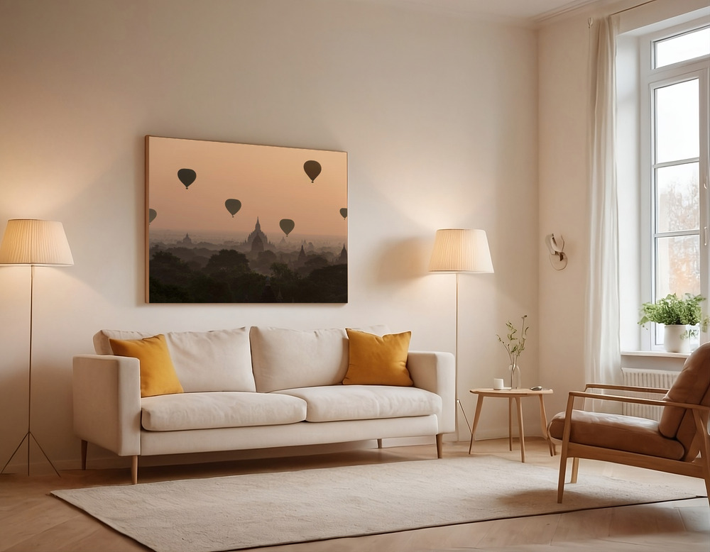 Canvas print - Bagan, balloons flying over ancient temples over the sofa