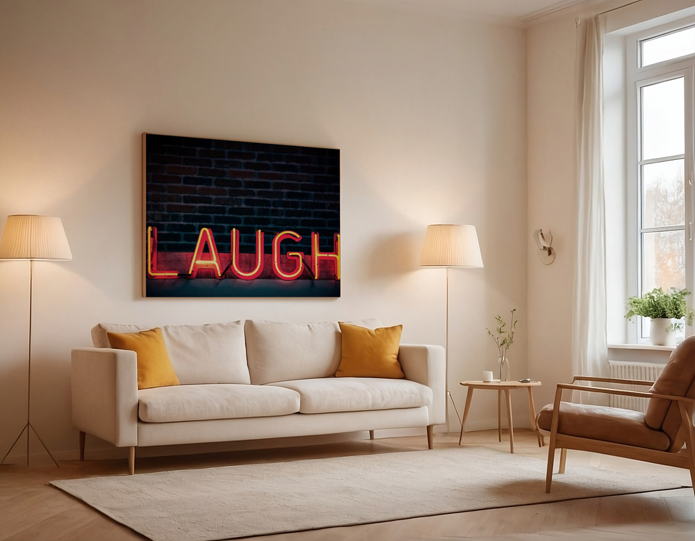 Canvas print - Laugh in Neon over the sofa