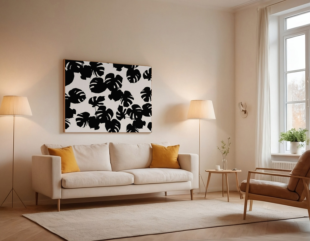 Canvas print - Monstera Leaves Black over the sofa
