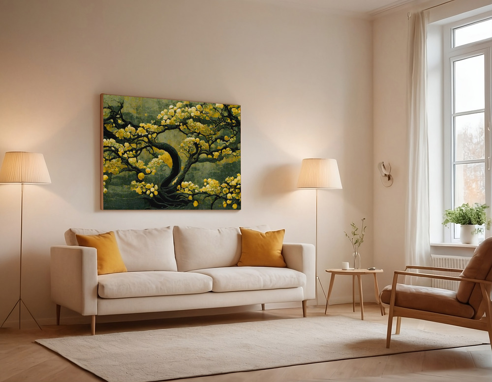 Lærred - Sakura Tree over the sofa