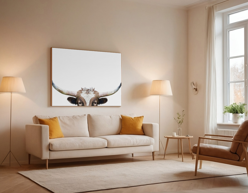 Canvas print - Peeking Longhorn Cow over the sofa