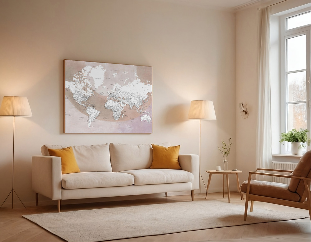 Canvas print - Detailed world map with cities Qawi over the sofa