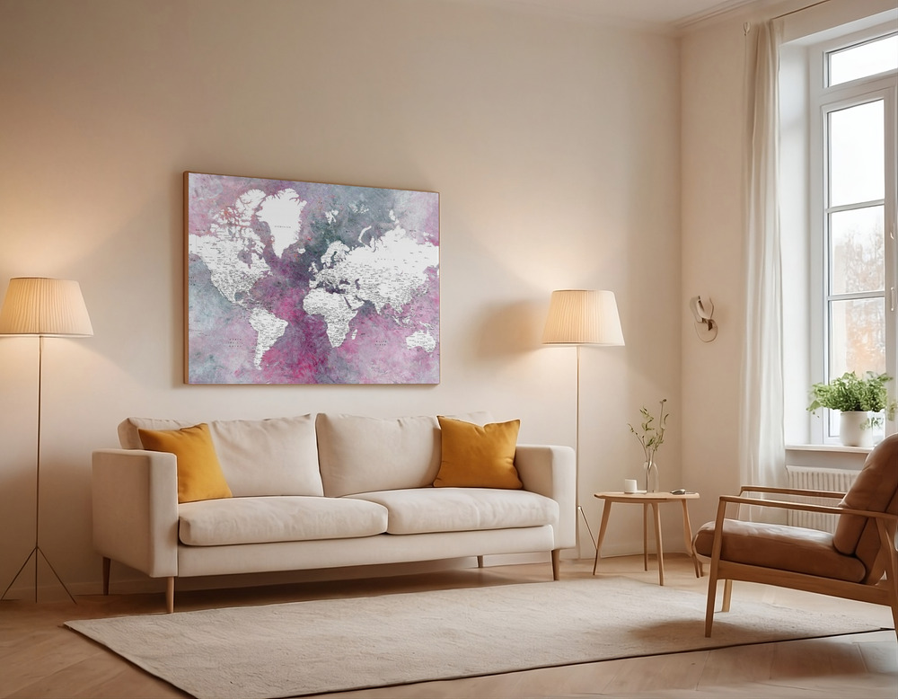 Canvas print - Detailed world map with cities Taliessa over the sofa