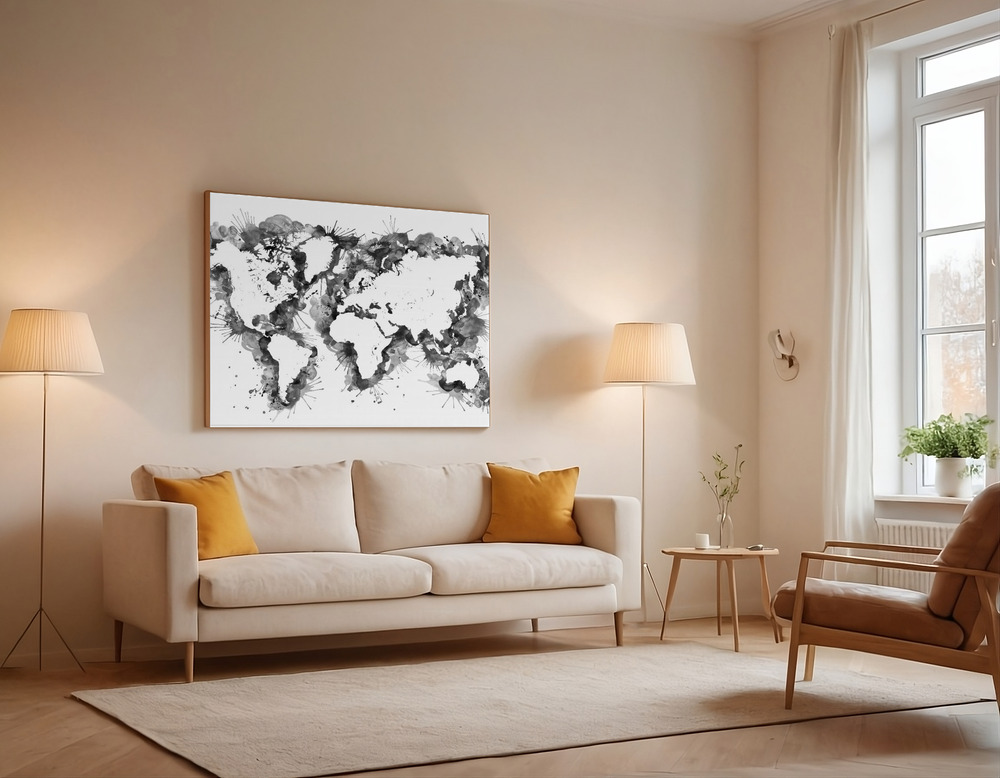 Canvas print - Gray strokes world map over the sofa