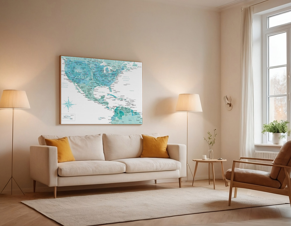 Canvas print - Aquamarine map of USA and Mexico over the sofa