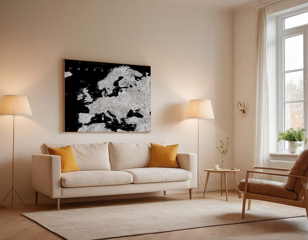 Canvas print - Black and grey detailed map of Europe over the sofa