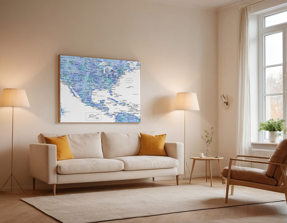 Canvas print - Blue map of USA and the Caribbean sea over the sofa
