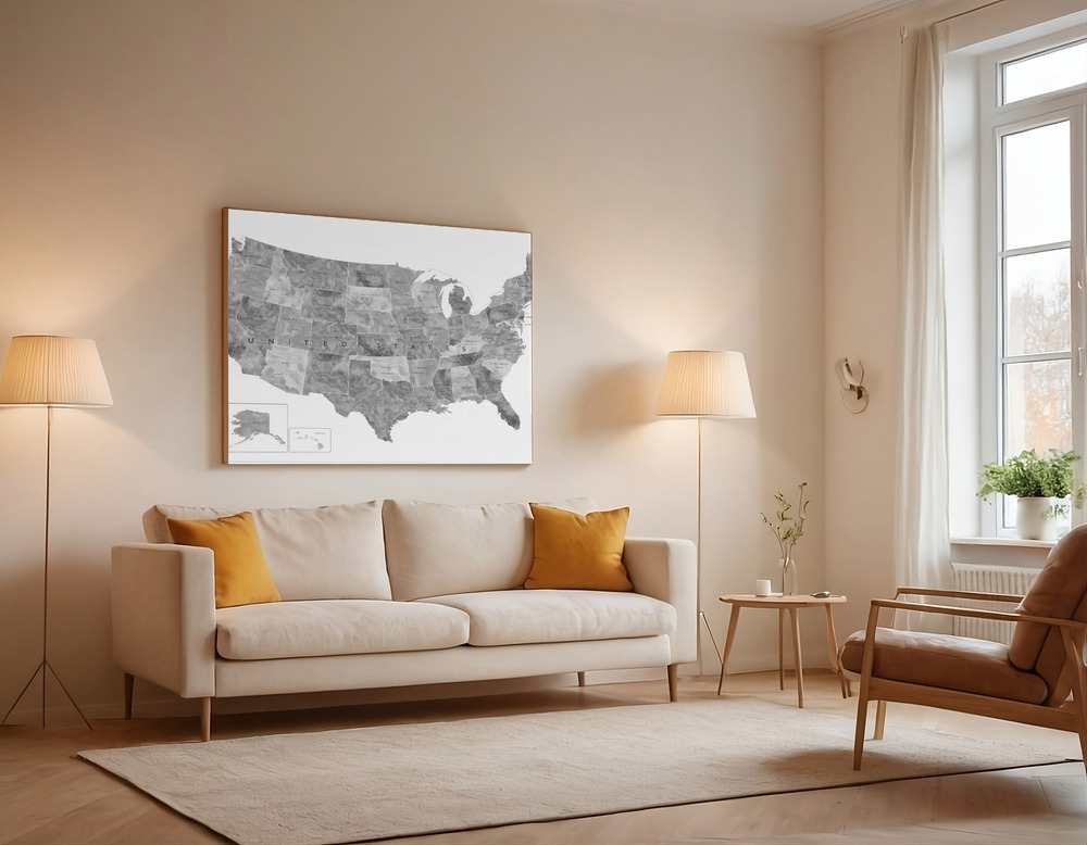 Canvas print - Gray watercolor map of the US over the sofa