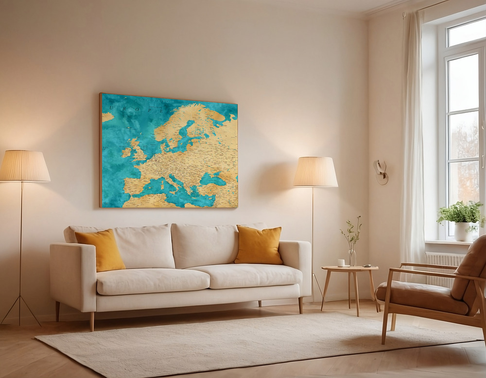 Leinwandbild - Lexy detailed Europe map over the sofa