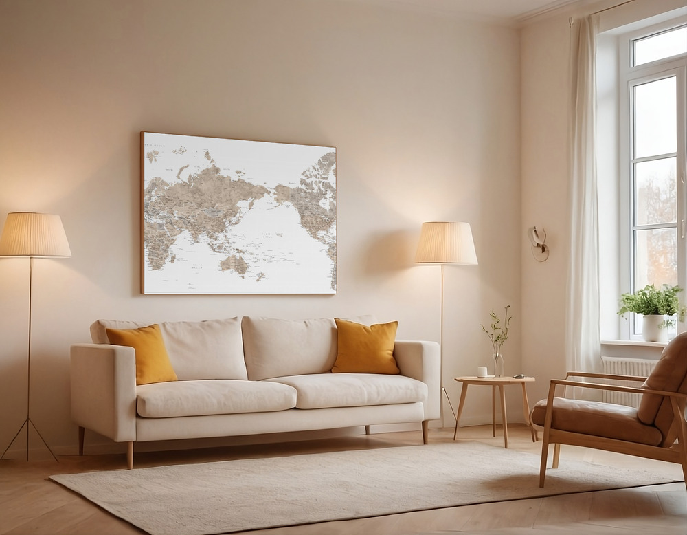 Canvas print - Pacific centered world map in taupe over the sofa