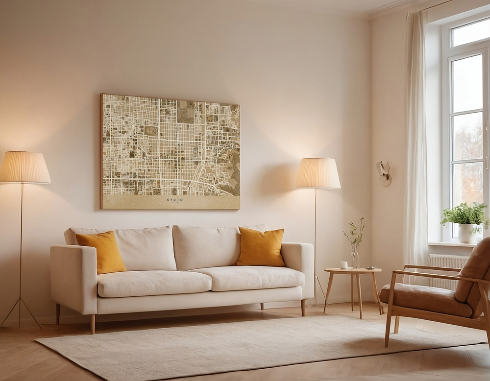 Canvas print - Sepia map of Kyoto over the sofa