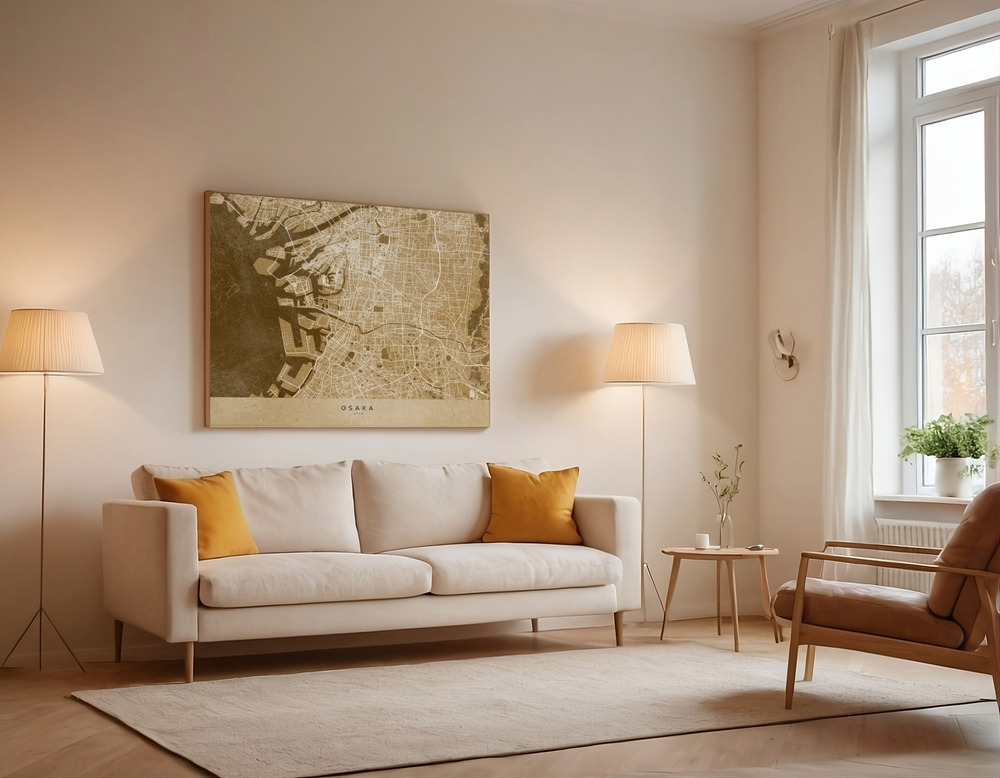 Canvas print - Sepia map of Osaka over the sofa