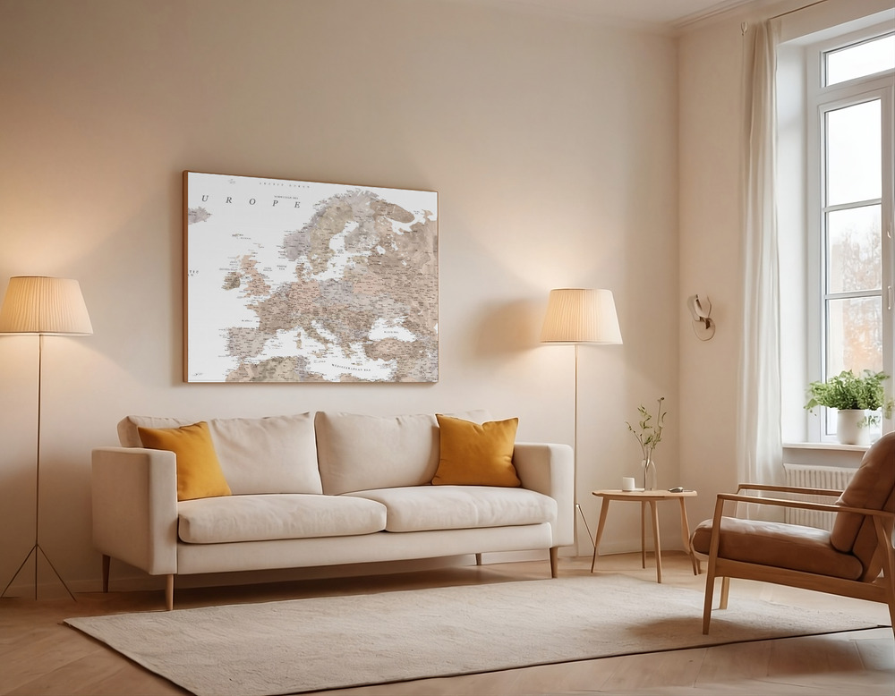 Canvas print - Taupe detailed map of Europe over the sofa