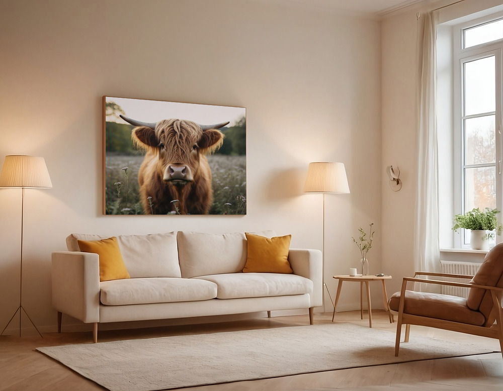 Stampe su tela - Highland Cow over the sofa