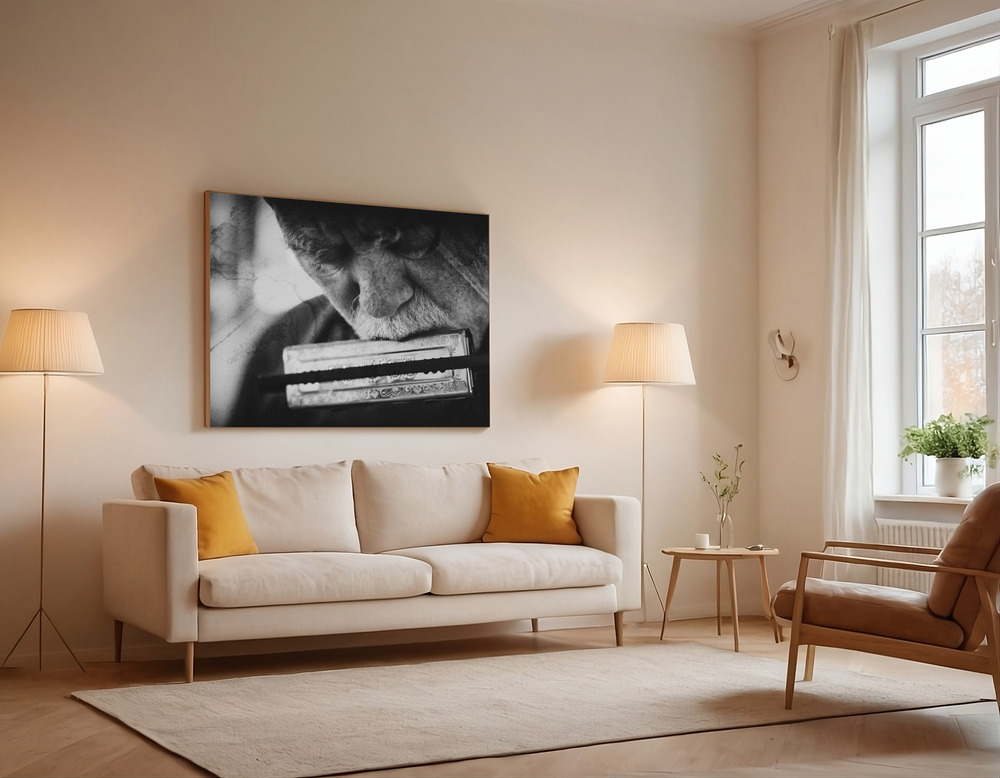Canvas print - Wolf with harmonica over the sofa