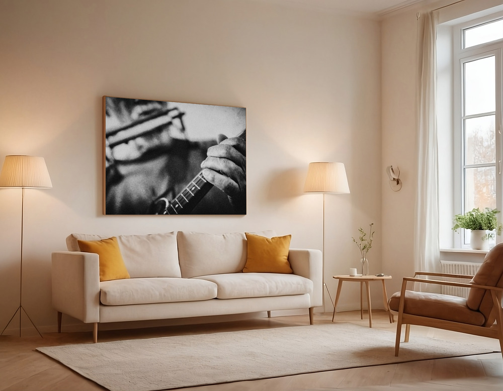 Canvas print - Wolf with mandolin and harmonica over the sofa