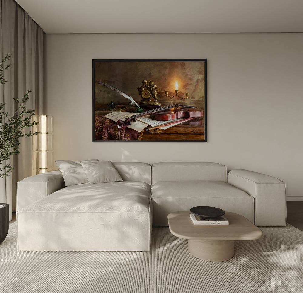 Canvas print - Still life with violin and clock over the sofa