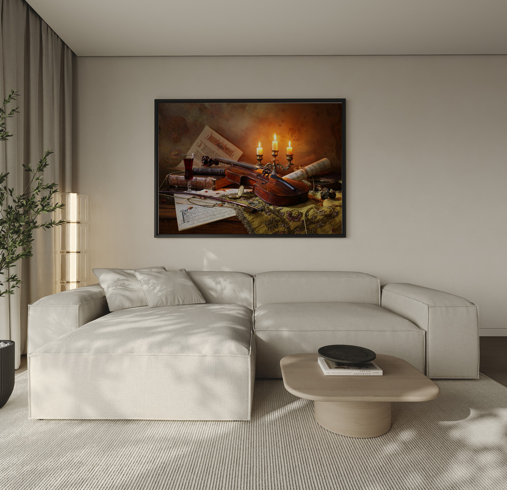 Canvas print - Still life with violin and candles over the sofa