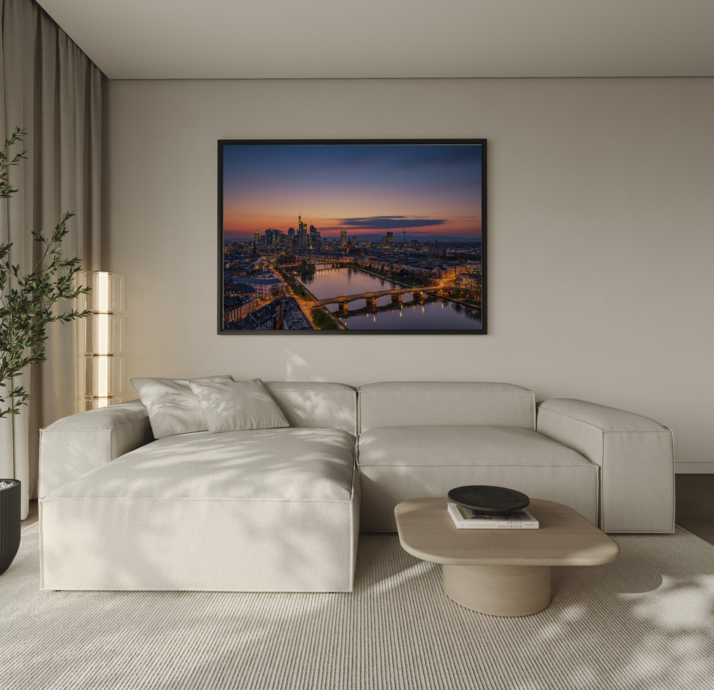 Canvas print - Frankfurt Skyline at sunset over the sofa