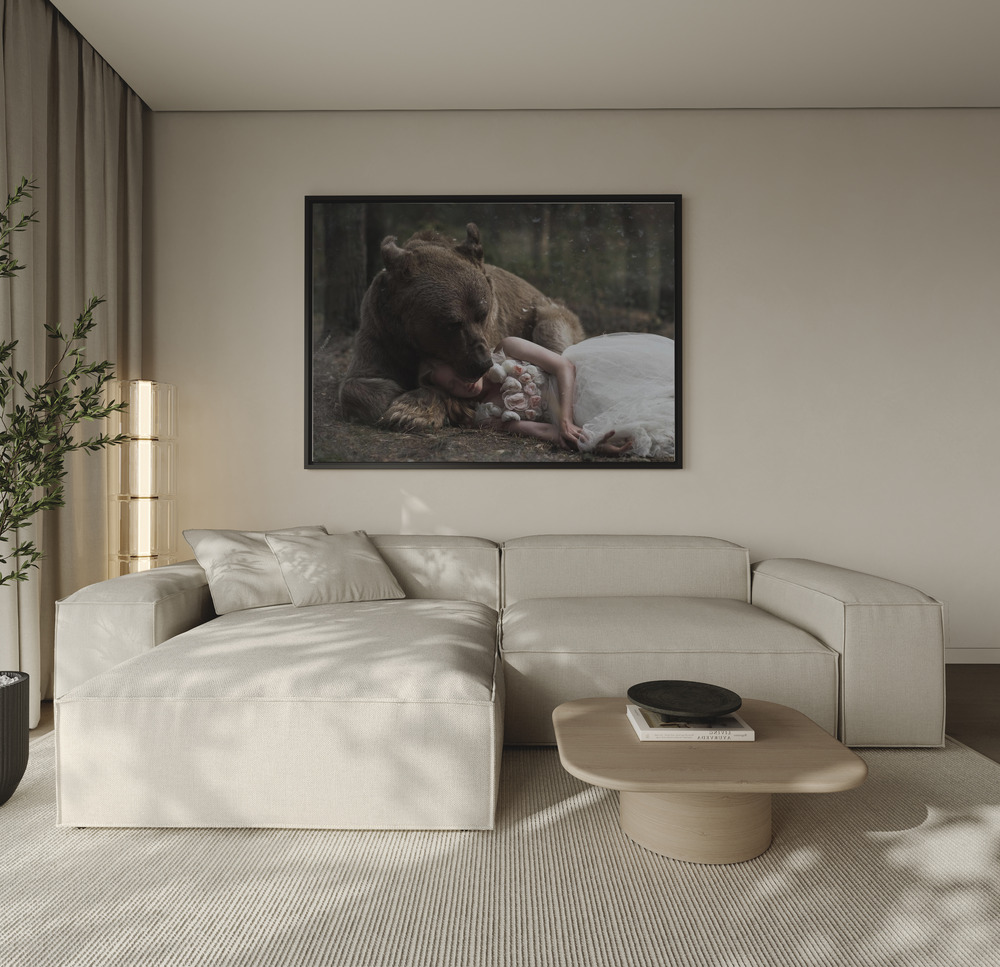 Canvas print - Bear and girl over the sofa