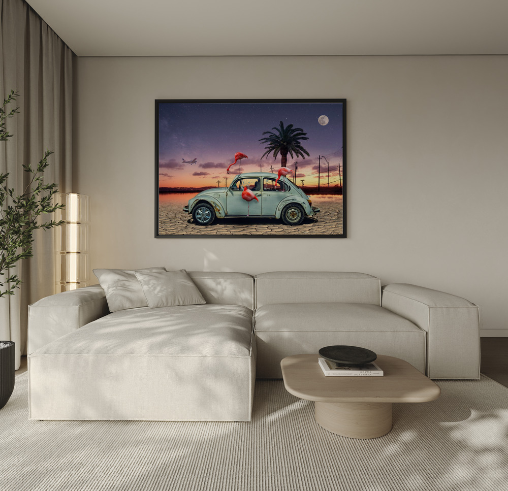 Canvas schilderi - Flamingos Ate My Car over de bank