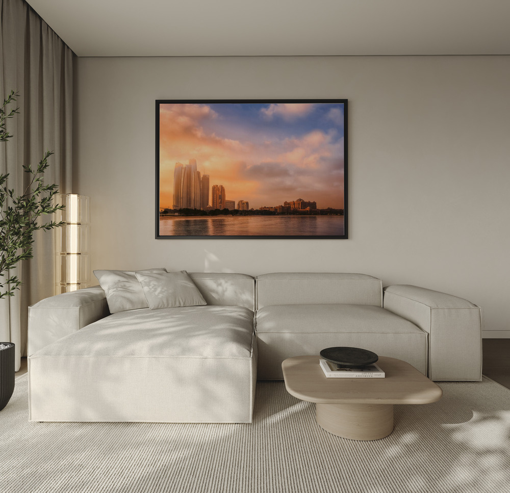 Toile - Etihad Towers & Emirates Palace, Abu Dhabi, UAE au-dessus du canapé