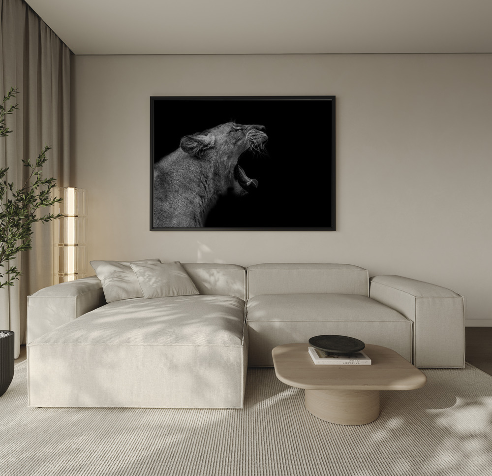 Canvas taulu - Lioness in low key sohvan yli