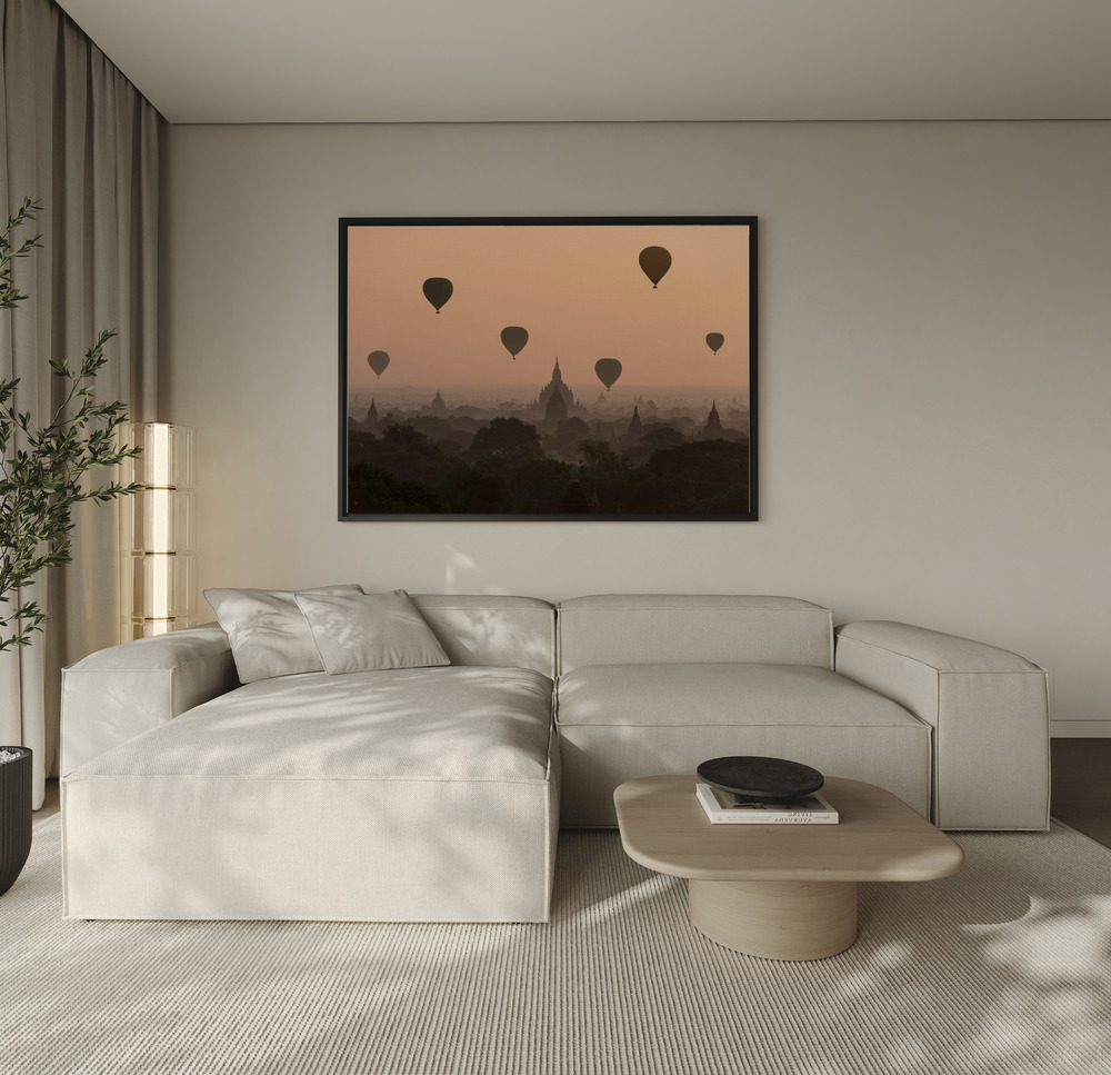 Canvas print - Bagan, balloons flying over ancient temples over the sofa