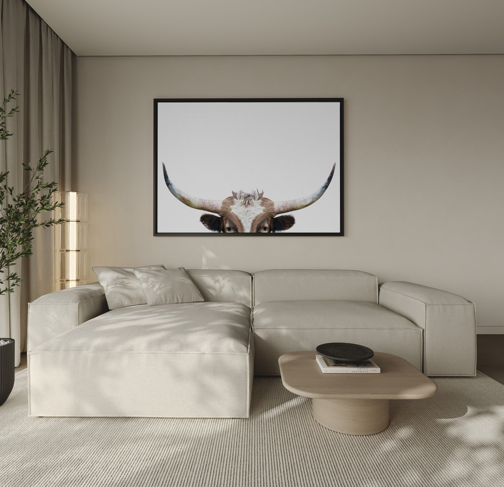 Canvas print - Peeking Longhorn Cow over the sofa