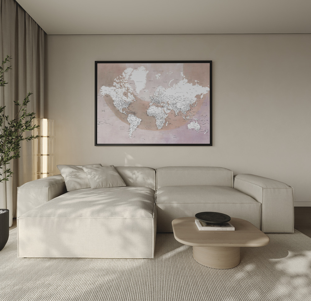Canvas print - Detailed world map with cities Qawi over the sofa