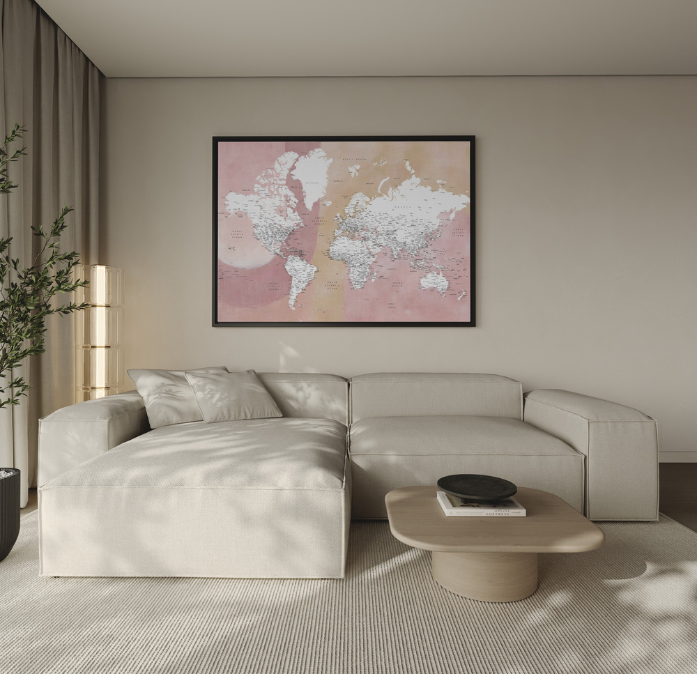 Canvas schilderi - Detailed world map with cities Mizn over de bank