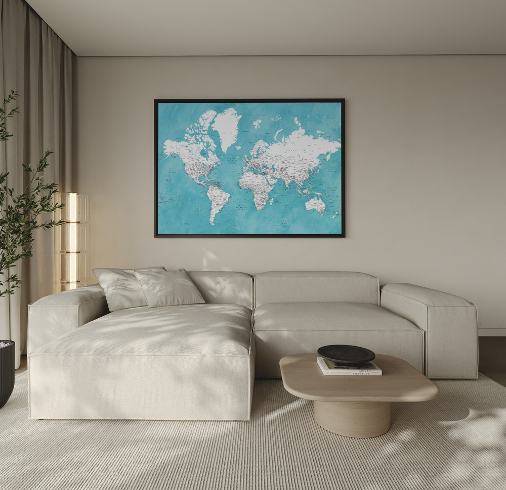 Canvas schilderi - Detailed world map with cities Idrak over de bank