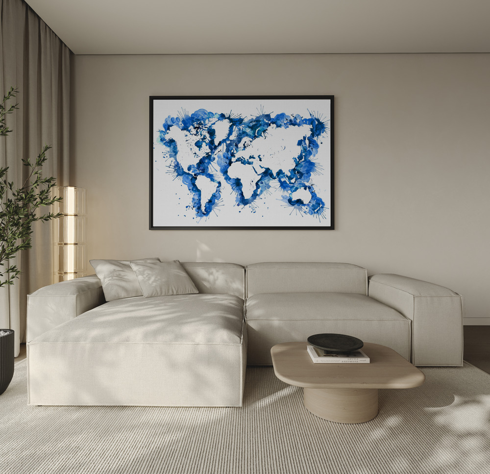 Canvas taulu - Blue strokes world map sohvan yli
