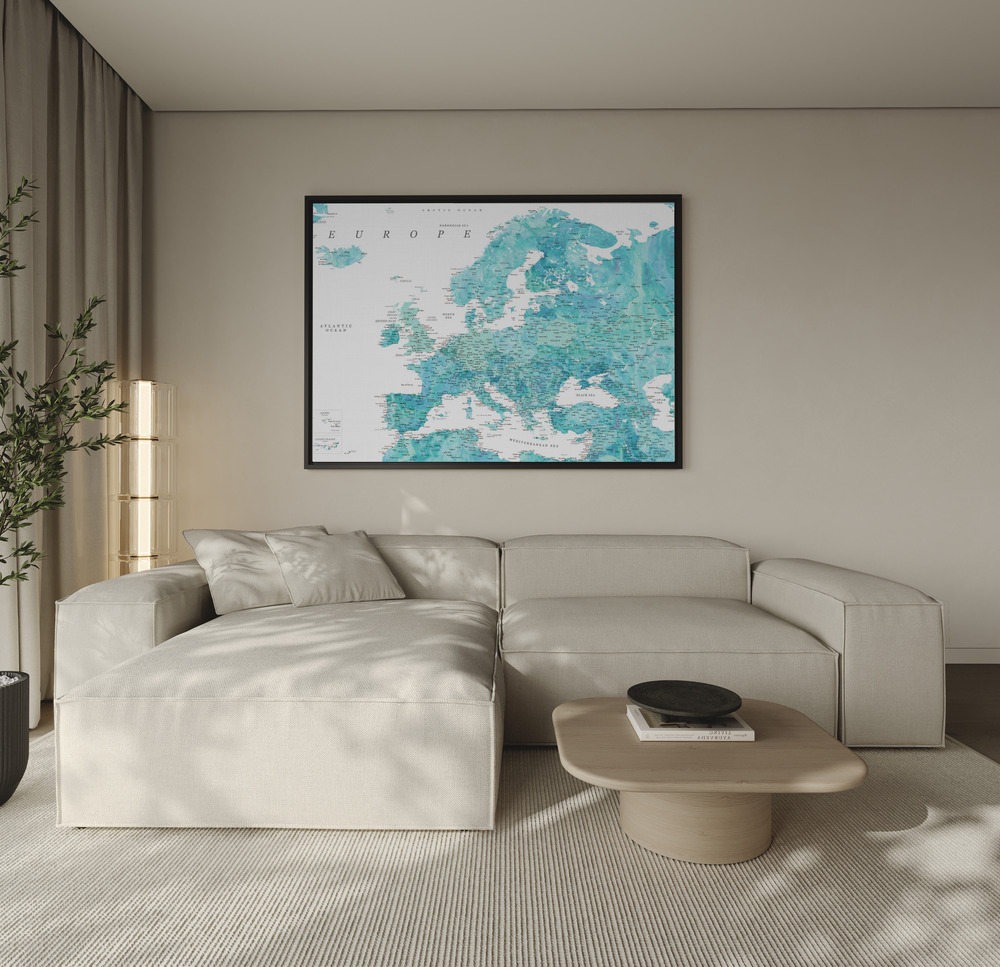Toile - Aquamarine detailed map of Europe au-dessus du canapé