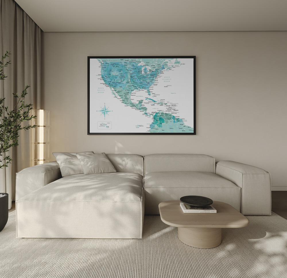 Canvas print - Aquamarine map of USA and Mexico over the sofa